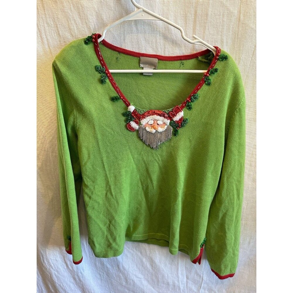 Women Santa Bling Beard Ugly Christmas Sweater‎ Size Large Embellished